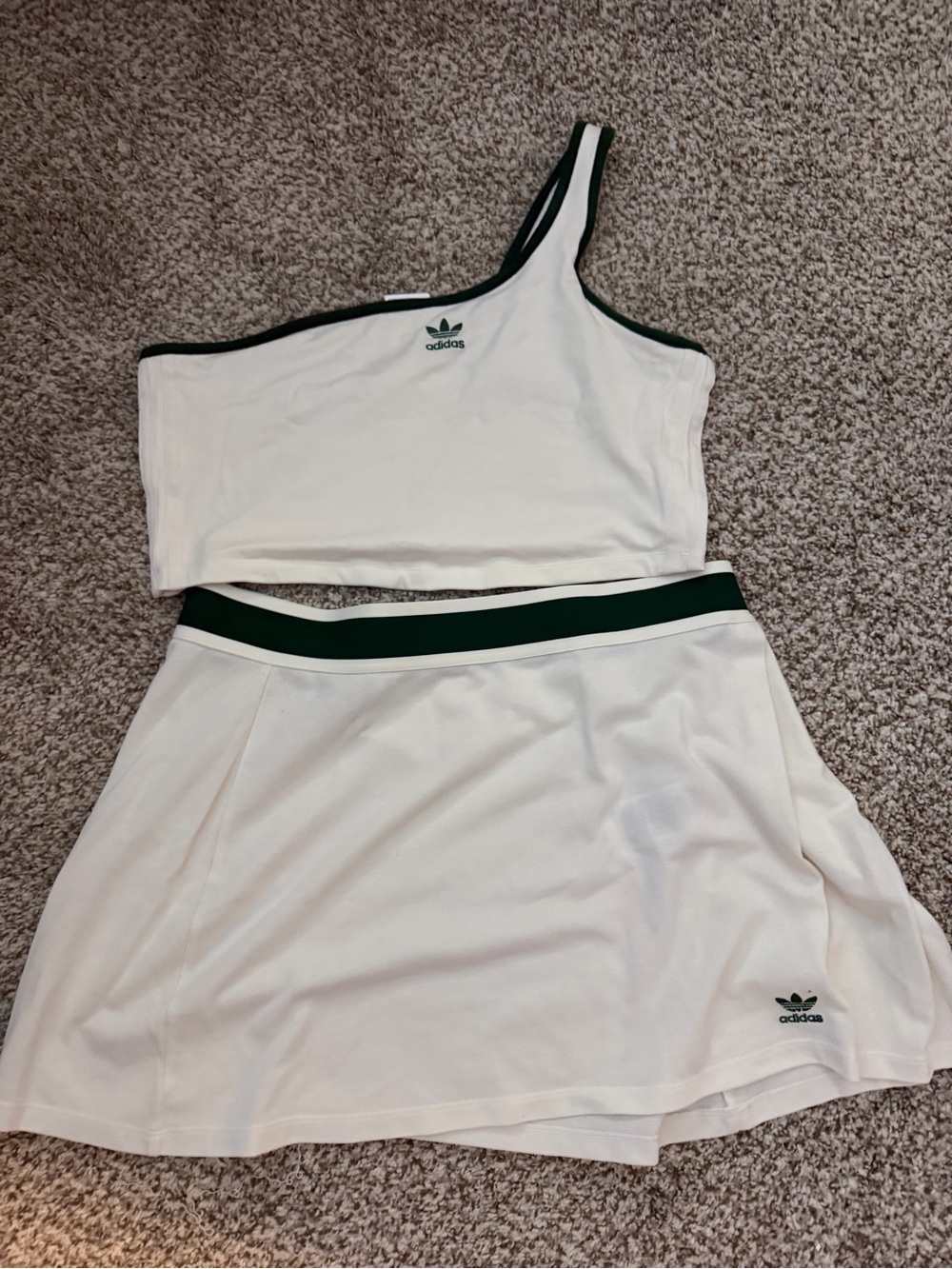 adidas White One-Shoulder Crop Top and Skirt Set with Dark Green Trim